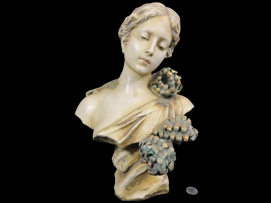Stunning RStK Amphora Porcelain Turn Teplitz Bohemia Art Nouveau Bust Woman Made in Austria 15'H (See Photos For Several Chips To Flowers)