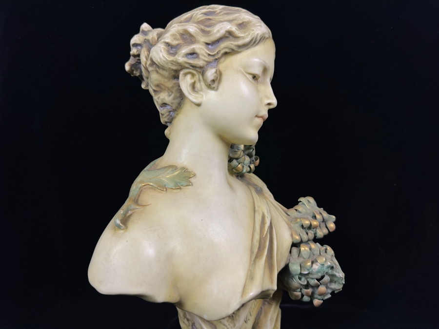 Stunning RStK Amphora Porcelain Turn Teplitz Bohemia Art Nouveau Bust Woman Made in Austria 15'H (See Photos For Several Chips To Flowers) [Photo 12]