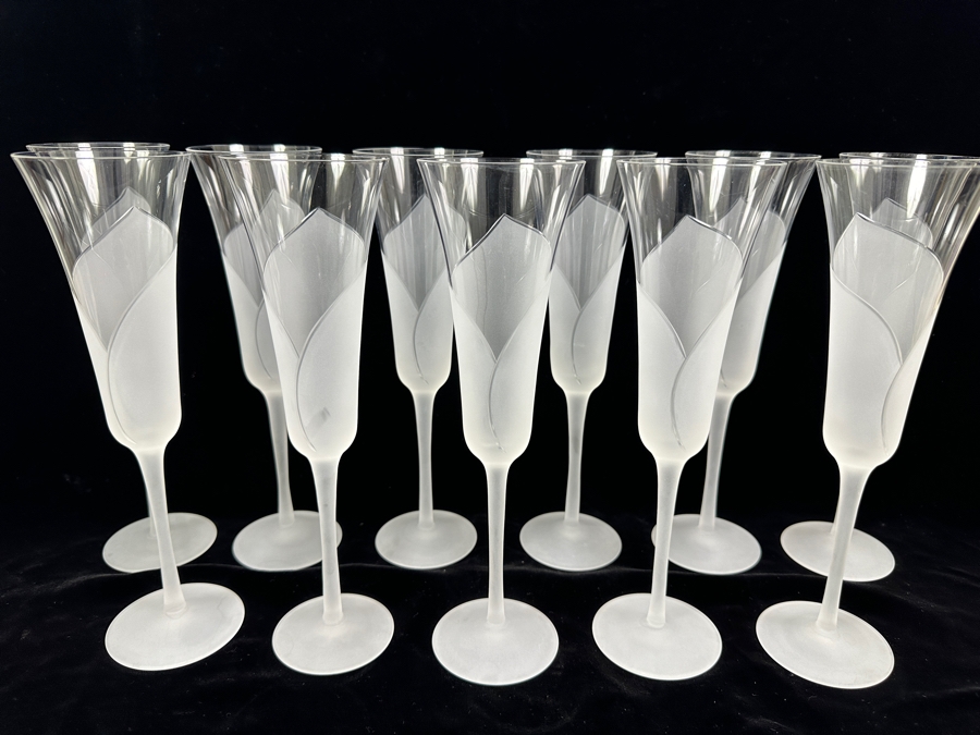 (11) Sasaki Hana Clear Frosted Lily Stemware Champagne Flutes Glasses 9 5/8H X 2.75W Replacements Value $439 [Photo 2]