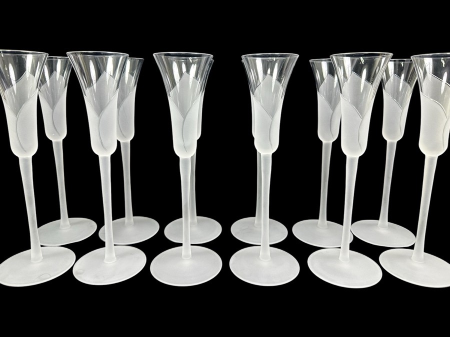 (12) Sasaki Hana Clear Frosted Lily Stemware Champagne Flutes Glasses 9 5/8H X 2 3/8W Replacements Value $479 [Photo 1]