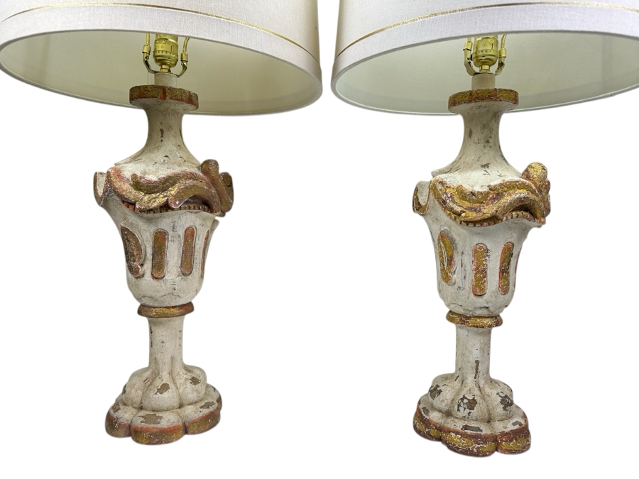 Just Added - Pair Of Stunning Painted Wooden Table Lamps With Tanner Kenzie Shades 30'H [Photo 2]