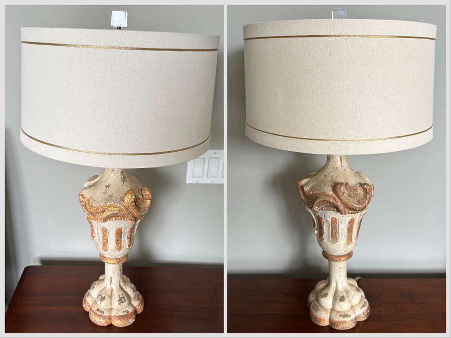 Just Added - Pair Of Stunning Painted Wooden Table Lamps With Tanner Kenzie Shades 30'H [Photo 4]
