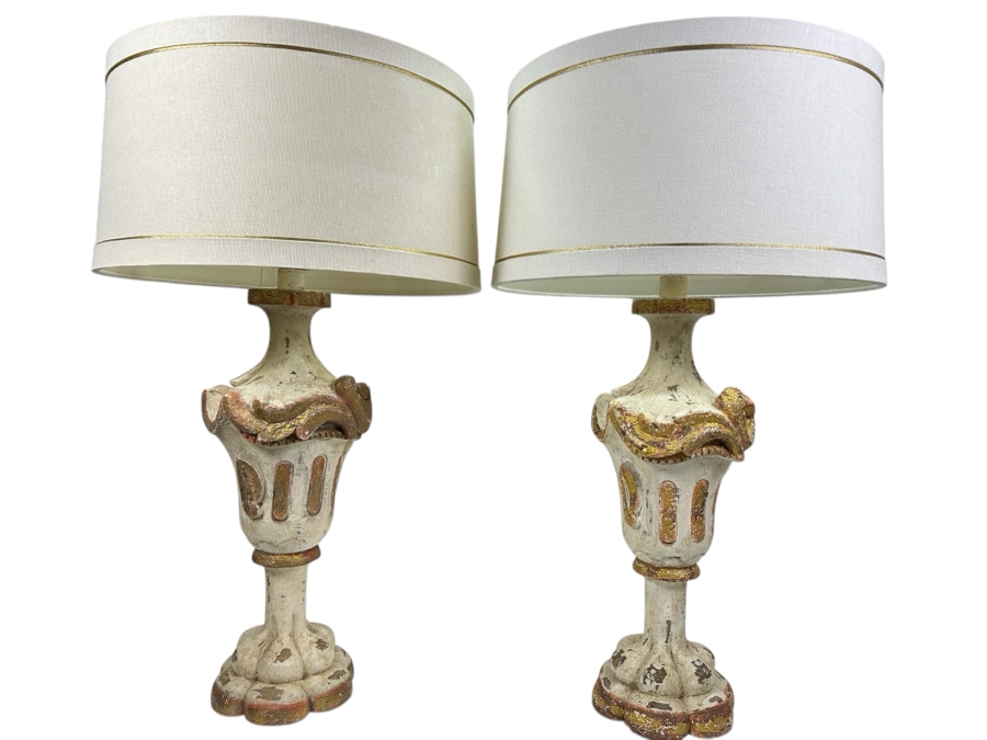Just Added - Pair Of Stunning Painted Wooden Table Lamps With Tanner Kenzie Shades 30'H