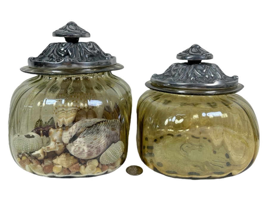 Just Added - Pair Of Glass Jars With Metal Lids (One Filled With Organic Seashells) 7H And 7.75H