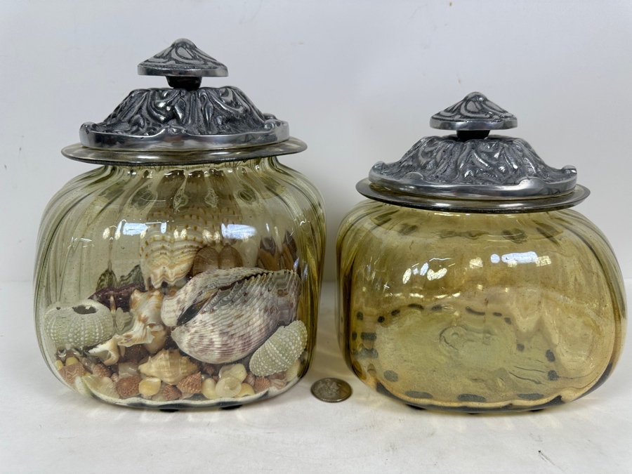 Just Added - Pair Of Glass Jars With Metal Lids (One Filled With Organic Seashells) 7H And 7.75H [Photo 3]