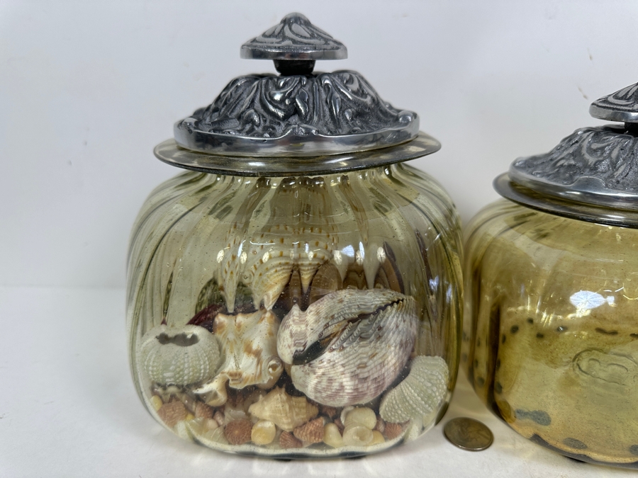 Just Added - Pair Of Glass Jars With Metal Lids (One Filled With Organic Seashells) 7H And 7.75H [Photo 4]
