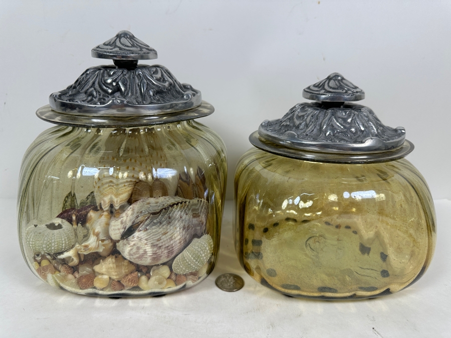 Just Added - Pair Of Glass Jars With Metal Lids (One Filled With Organic Seashells) 7H And 7.75H [Photo 2]