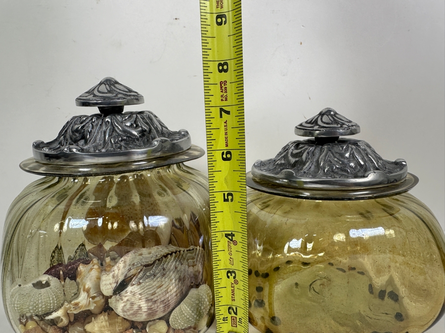 Just Added - Pair Of Glass Jars With Metal Lids (One Filled With Organic Seashells) 7H And 7.75H [Photo 8]