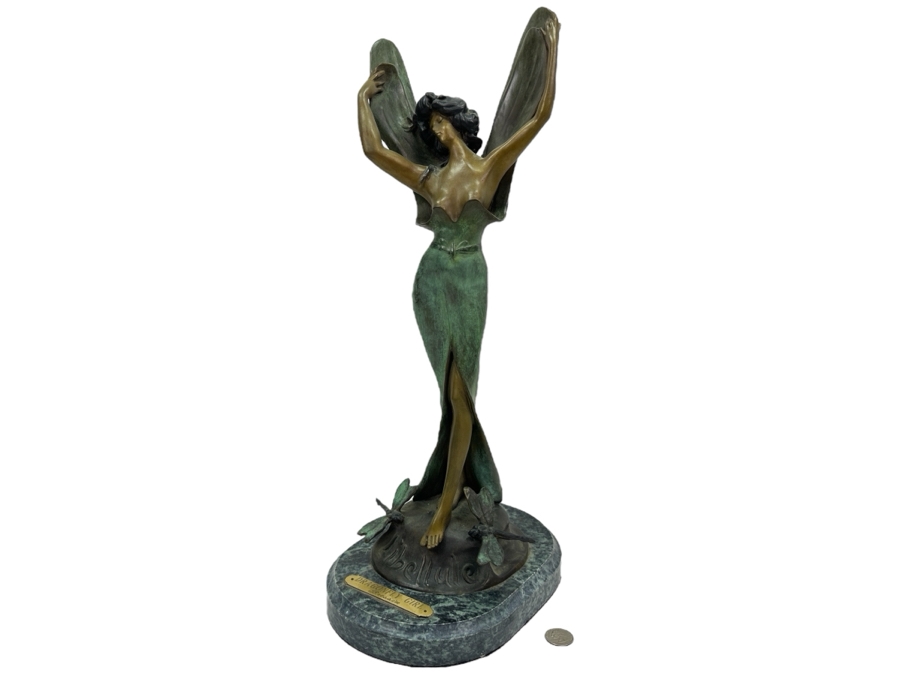 After Paul Lucien Bessin Dragonfly Girl Libellule Bronze Sculpture On Marble Base 20.5H