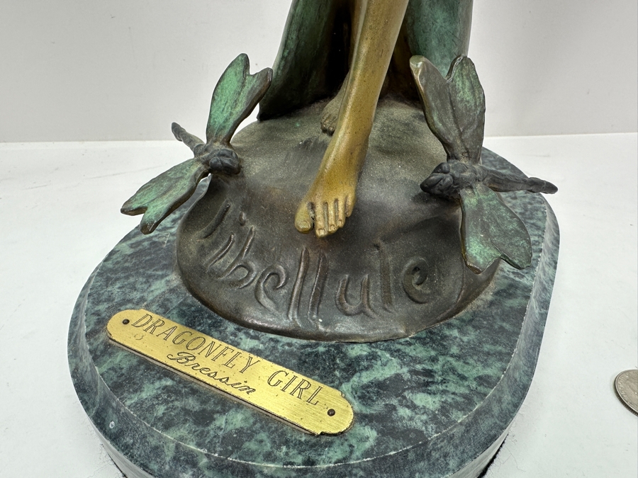 After Paul Lucien Bessin Dragonfly Girl Libellule Bronze Sculpture On Marble Base 20.5H [Photo 4]