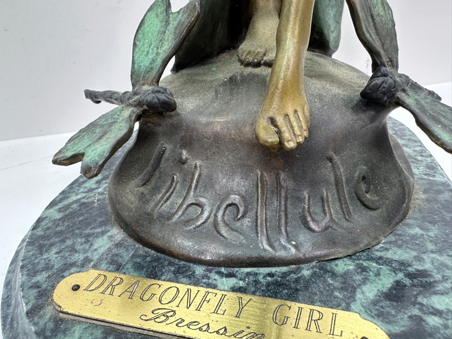 After Paul Lucien Bessin Dragonfly Girl Libellule Bronze Sculpture On Marble Base 20.5H [Photo 6]