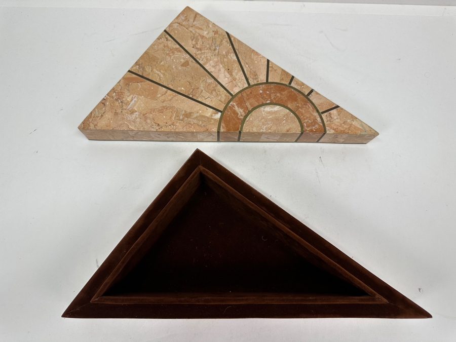 Robert Marcius For Casa Bique Tessellated Fossil Stone & Bronze Pair Of Triangular Boxes 12W X 9D X 4H [Photo 10]