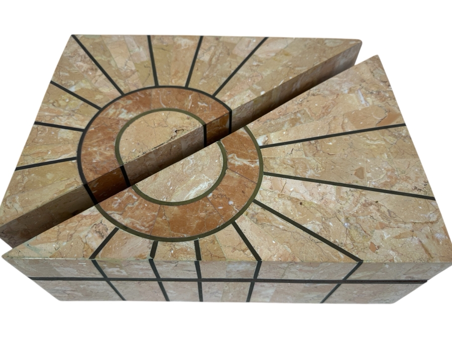 Robert Marcius For Casa Bique Tessellated Fossil Stone & Bronze Pair Of Triangular Boxes 12W X 9D X 4H