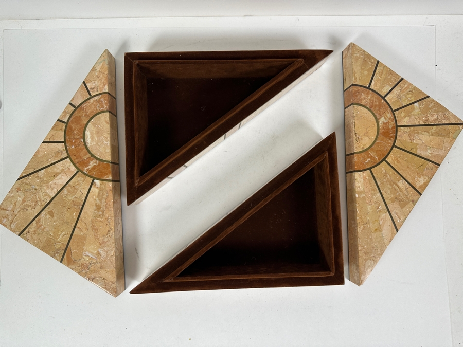 Robert Marcius For Casa Bique Tessellated Fossil Stone & Bronze Pair Of Triangular Boxes 12W X 9D X 4H [Photo 7]