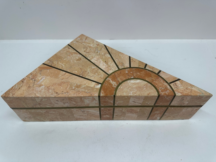 Robert Marcius For Casa Bique Tessellated Fossil Stone & Bronze Pair Of Triangular Boxes 12W X 9D X 4H [Photo 8]