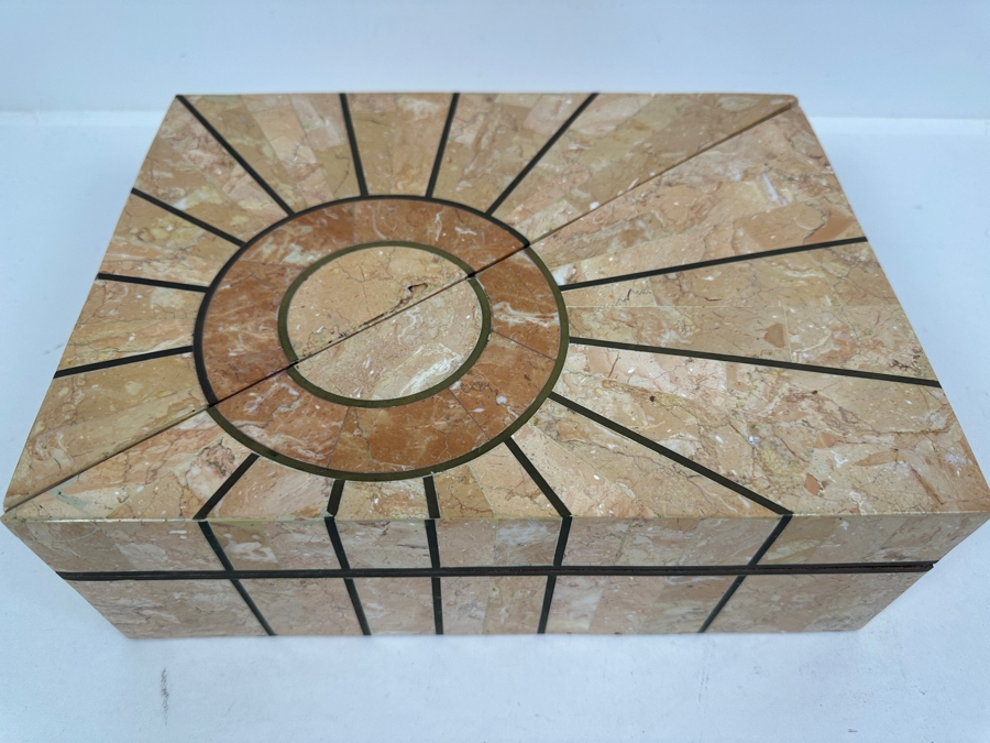 Robert Marcius For Casa Bique Tessellated Fossil Stone & Bronze Pair Of Triangular Boxes 12W X 9D X 4H [Photo 6]