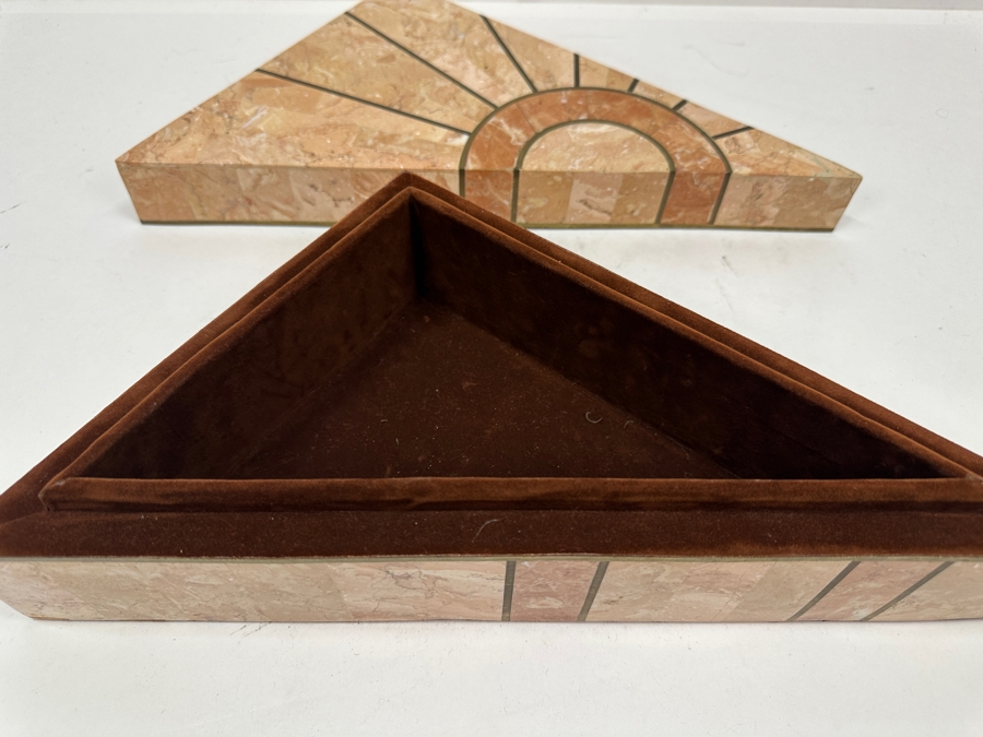 Robert Marcius For Casa Bique Tessellated Fossil Stone & Bronze Pair Of Triangular Boxes 12W X 9D X 4H [Photo 11]