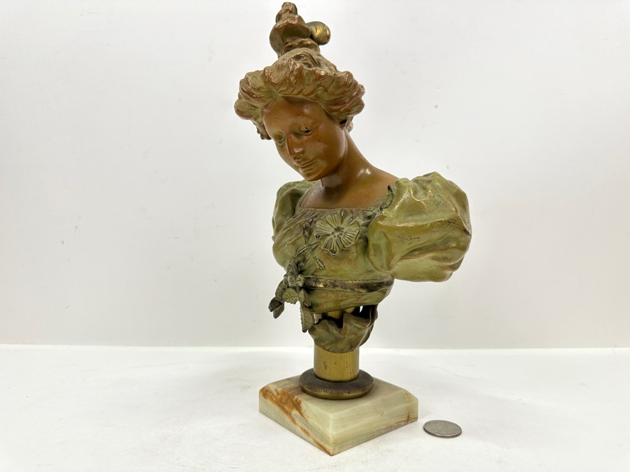 Vintage Art Nouveau Spelter Bronze Bust On Marble Base 11'H [Photo 8]