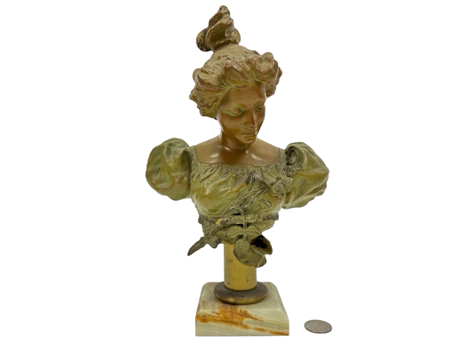 Vintage Art Nouveau Spelter Bronze Bust On Marble Base 11'H