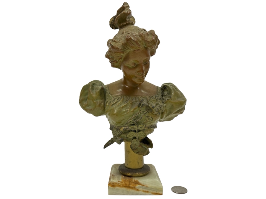 Vintage Art Nouveau Spelter Bronze Bust On Marble Base 11'H [Photo 2]