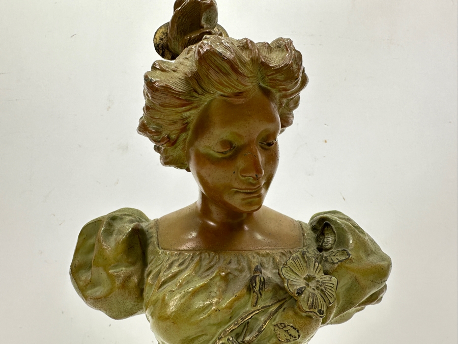 Vintage Art Nouveau Spelter Bronze Bust On Marble Base 11'H [Photo 4]
