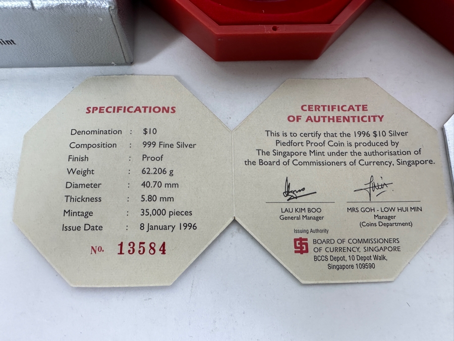 Just Added - Rare Pair Of Limited Edition .999 Fine Silver 1996 $10 Silver Piedfort 2oz Proof Coins Produced By The Singapore Mint Year Of The Rat Limited To 35,000 Pieces Total Pure Silver Weight Of 124.412g [Photo 5]