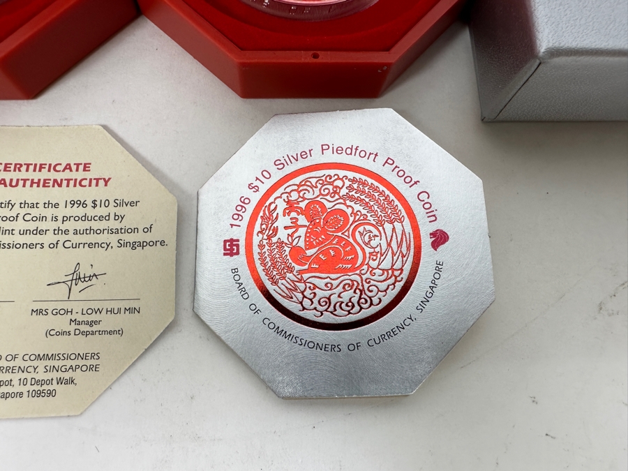 Just Added - Rare Pair Of Limited Edition .999 Fine Silver 1996 $10 Silver Piedfort 2oz Proof Coins Produced By The Singapore Mint Year Of The Rat Limited To 35,000 Pieces Total Pure Silver Weight Of 124.412g [Photo 6]