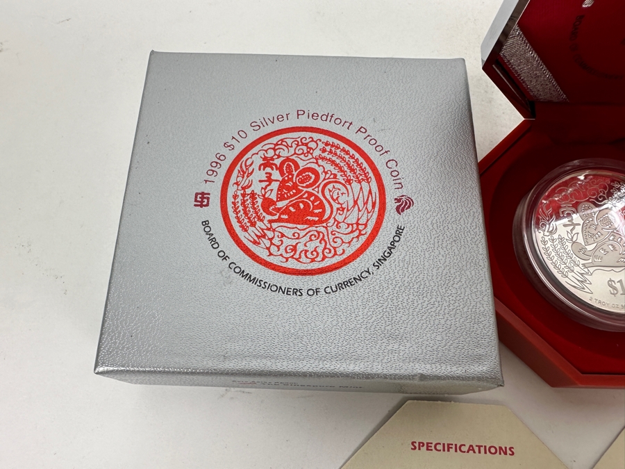 Just Added - Rare Pair Of Limited Edition .999 Fine Silver 1996 $10 Silver Piedfort 2oz Proof Coins Produced By The Singapore Mint Year Of The Rat Limited To 35,000 Pieces Total Pure Silver Weight Of 124.412g [Photo 7]