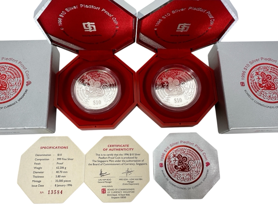 Just Added - Rare Pair Of Limited Edition .999 Fine Silver 1996 $10 Silver Piedfort 2oz Proof Coins Produced By The Singapore Mint Year Of The Rat Limited To 35,000 Pieces Total Pure Silver Weight Of 124.412g [Photo 2]