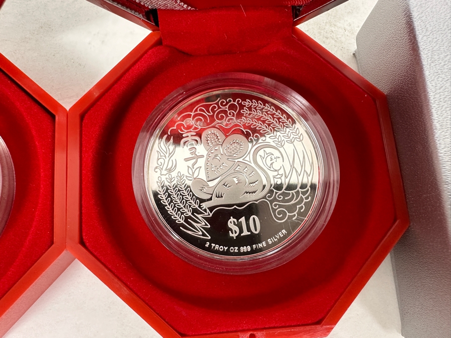 Just Added - Rare Pair Of Limited Edition .999 Fine Silver 1996 $10 Silver Piedfort 2oz Proof Coins Produced By The Singapore Mint Year Of The Rat Limited To 35,000 Pieces Total Pure Silver Weight Of 124.412g [Photo 4]