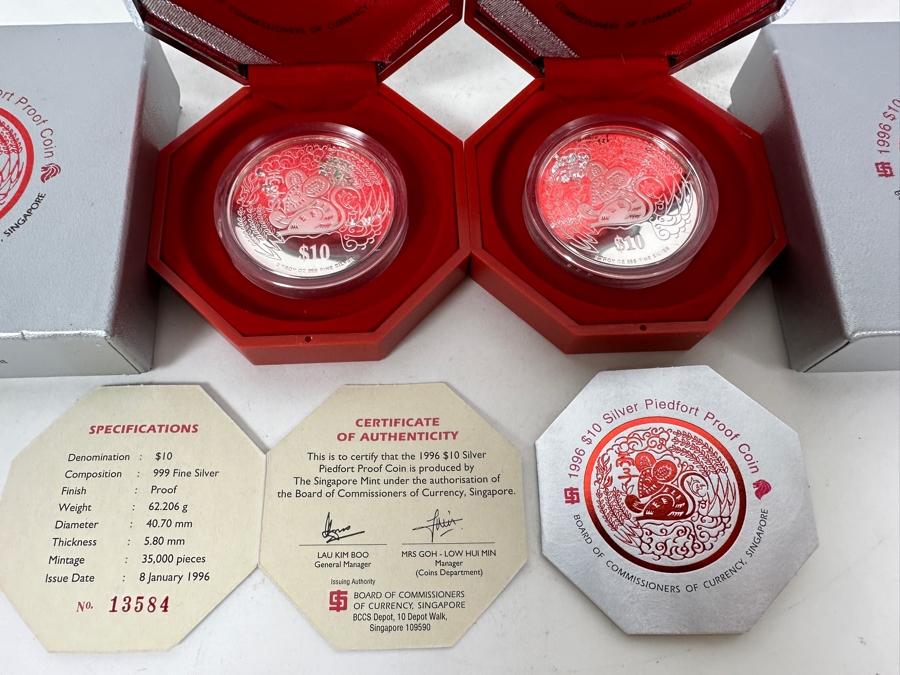 Just Added - Rare Pair Of Limited Edition .999 Fine Silver 1996 $10 Silver Piedfort 2oz Proof Coins Produced By The Singapore Mint Year Of The Rat Limited To 35,000 Pieces Total Pure Silver Weight Of 124.412g [Photo 1]