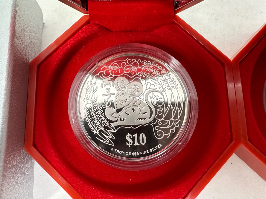 Just Added - Rare Pair Of Limited Edition .999 Fine Silver 1996 $10 Silver Piedfort 2oz Proof Coins Produced By The Singapore Mint Year Of The Rat Limited To 35,000 Pieces Total Pure Silver Weight Of 124.412g [Photo 3]