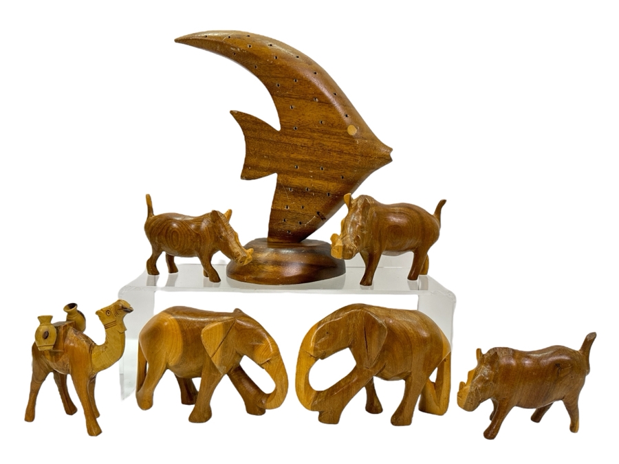 Collection Of Carved Wooden Animal Figurines From Africa
