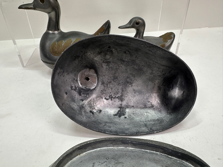 (4) Vintage Hong Kong Handmade Pewter Ducks Boxes With Brass Overlay [Photo 7]