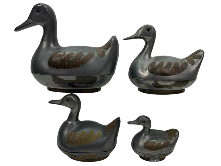 (4) Vintage Hong Kong Handmade Pewter Ducks Boxes With Brass Overlay