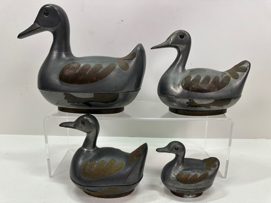 (4) Vintage Hong Kong Handmade Pewter Ducks Boxes With Brass Overlay [Photo 2]