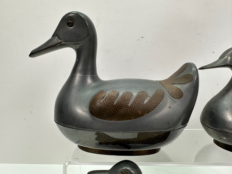 (4) Vintage Hong Kong Handmade Pewter Ducks Boxes With Brass Overlay [Photo 3]