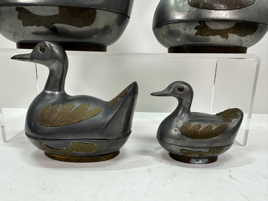 (4) Vintage Hong Kong Handmade Pewter Ducks Boxes With Brass Overlay [Photo 5]