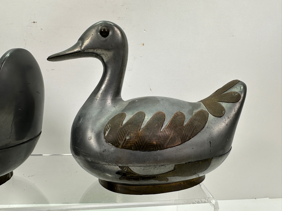 (4) Vintage Hong Kong Handmade Pewter Ducks Boxes With Brass Overlay [Photo 4]