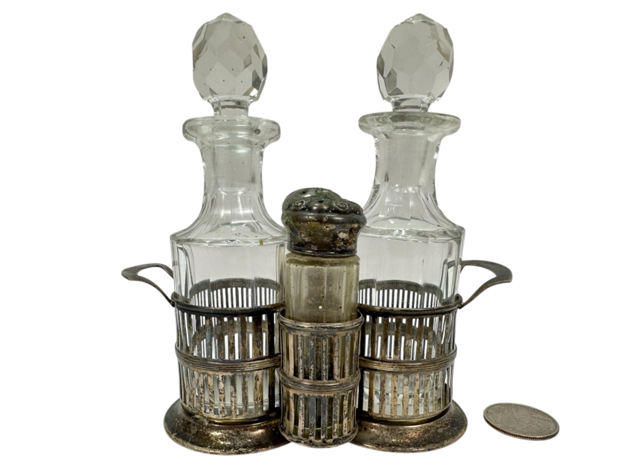 Vintage Sterling Silver / Crystal Cruet Set By Webster Company 5W X 5.25H