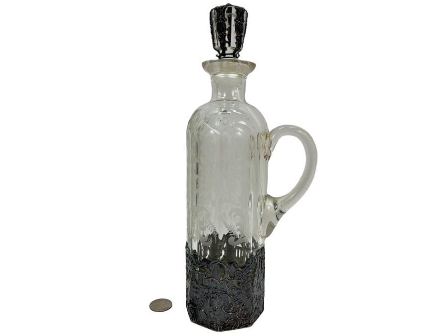 Stunning Mauser Company Sterling Silver Repousse Etched Crystal Liquor Bottle With Stopper 11.5'H [Photo 1]