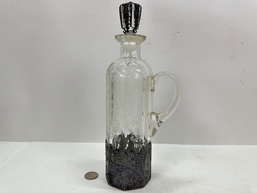 Stunning Mauser Company Sterling Silver Repousse Etched Crystal Liquor Bottle With Stopper 11.5'H [Photo 3]