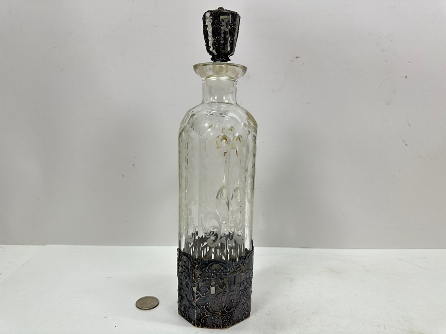 Stunning Mauser Company Sterling Silver Repousse Etched Crystal Liquor Bottle With Stopper 11.5'H [Photo 2]