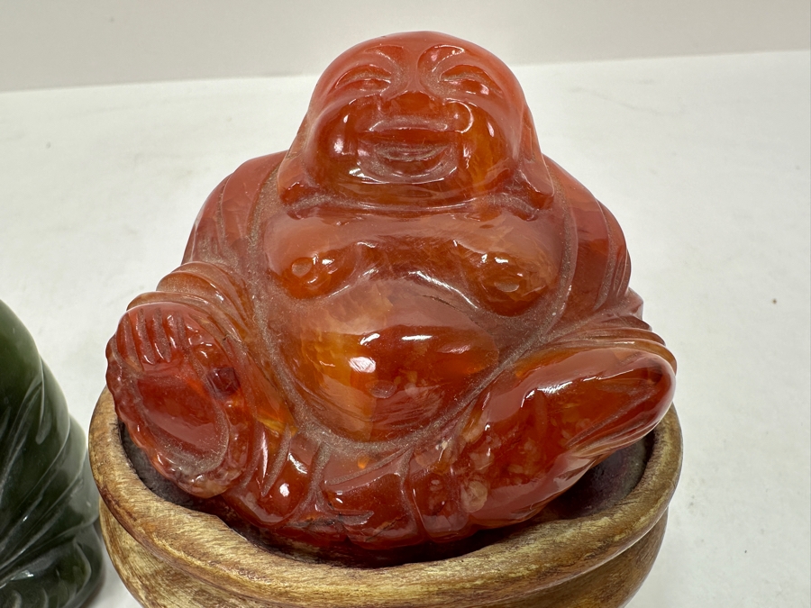 Pair Of Vintage Carved Stone Happy Buddhas 3'H 475g [Photo 2]