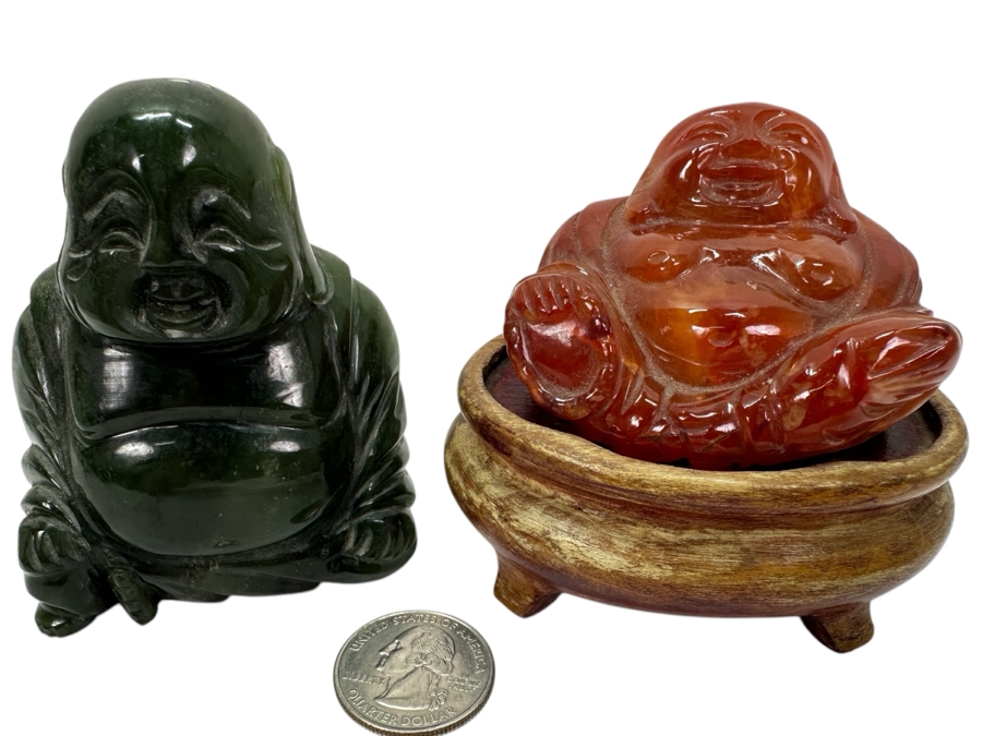 Pair Of Vintage Carved Stone Happy Buddhas 3'H 475g [Photo 1]