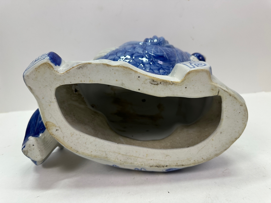 Vintage Chinese Blue & White Porcelain Boy With Koi Fish Figurine Large 12'W X 7'D X 11.5'H [Photo 13]