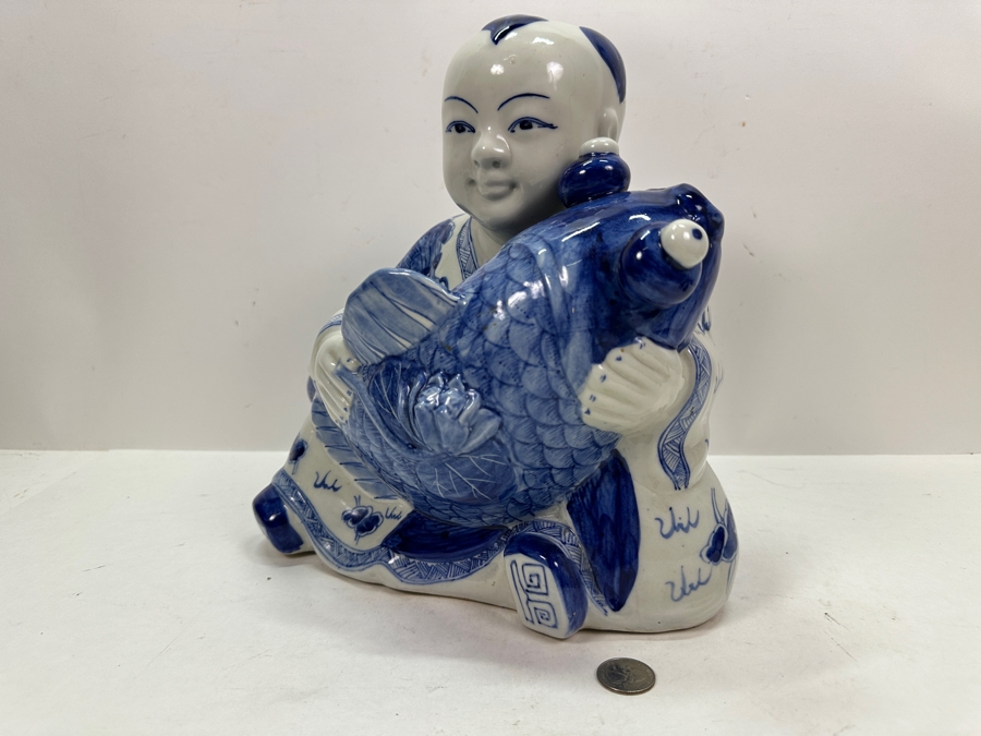 Vintage Chinese Blue & White Porcelain Boy With Koi Fish Figurine Large 12'W X 7'D X 11.5'H [Photo 5]