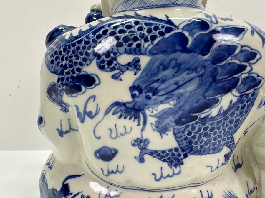 Vintage Chinese Blue & White Porcelain Boy With Koi Fish Figurine Large 12'W X 7'D X 11.5'H [Photo 9]