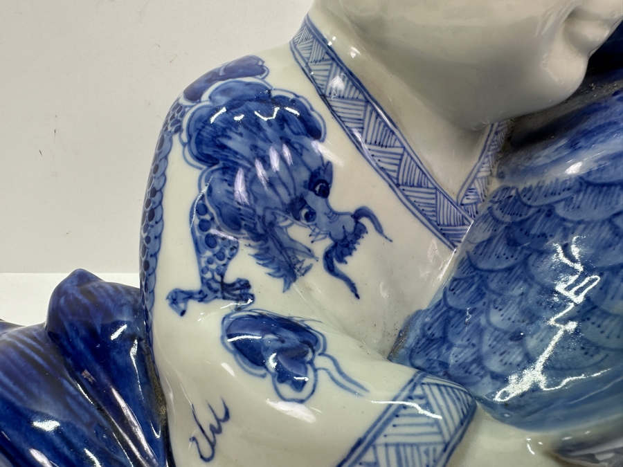 Vintage Chinese Blue & White Porcelain Boy With Koi Fish Figurine Large 12'W X 7'D X 11.5'H [Photo 11]