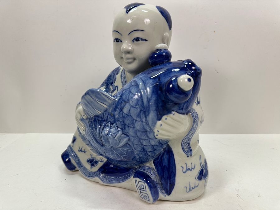 Vintage Chinese Blue & White Porcelain Boy With Koi Fish Figurine Large 12'W X 7'D X 11.5'H [Photo 6]